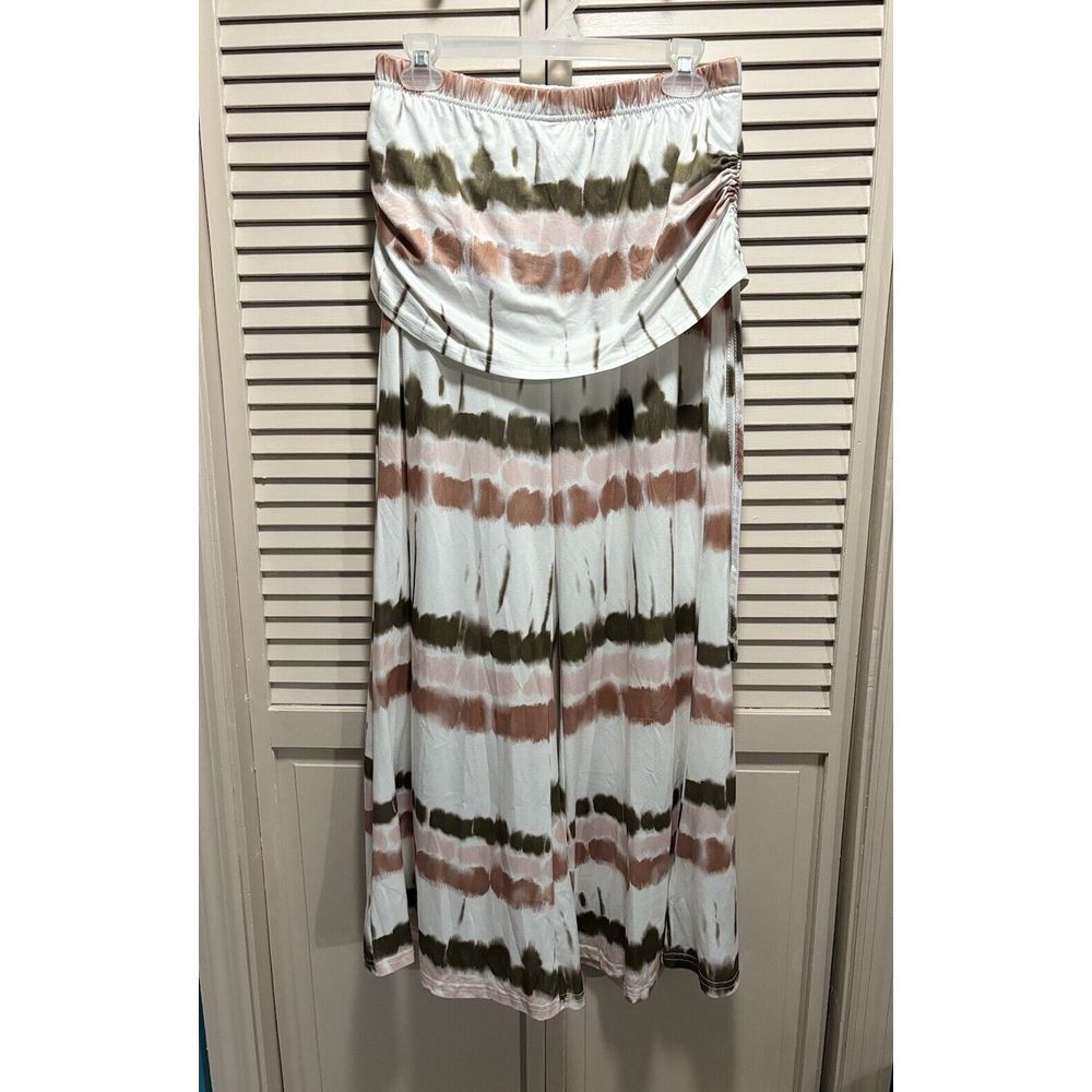 Bohemian Wide Leg Tie Dye White/Brown/Green Pants Size 0XL Elastic Ties